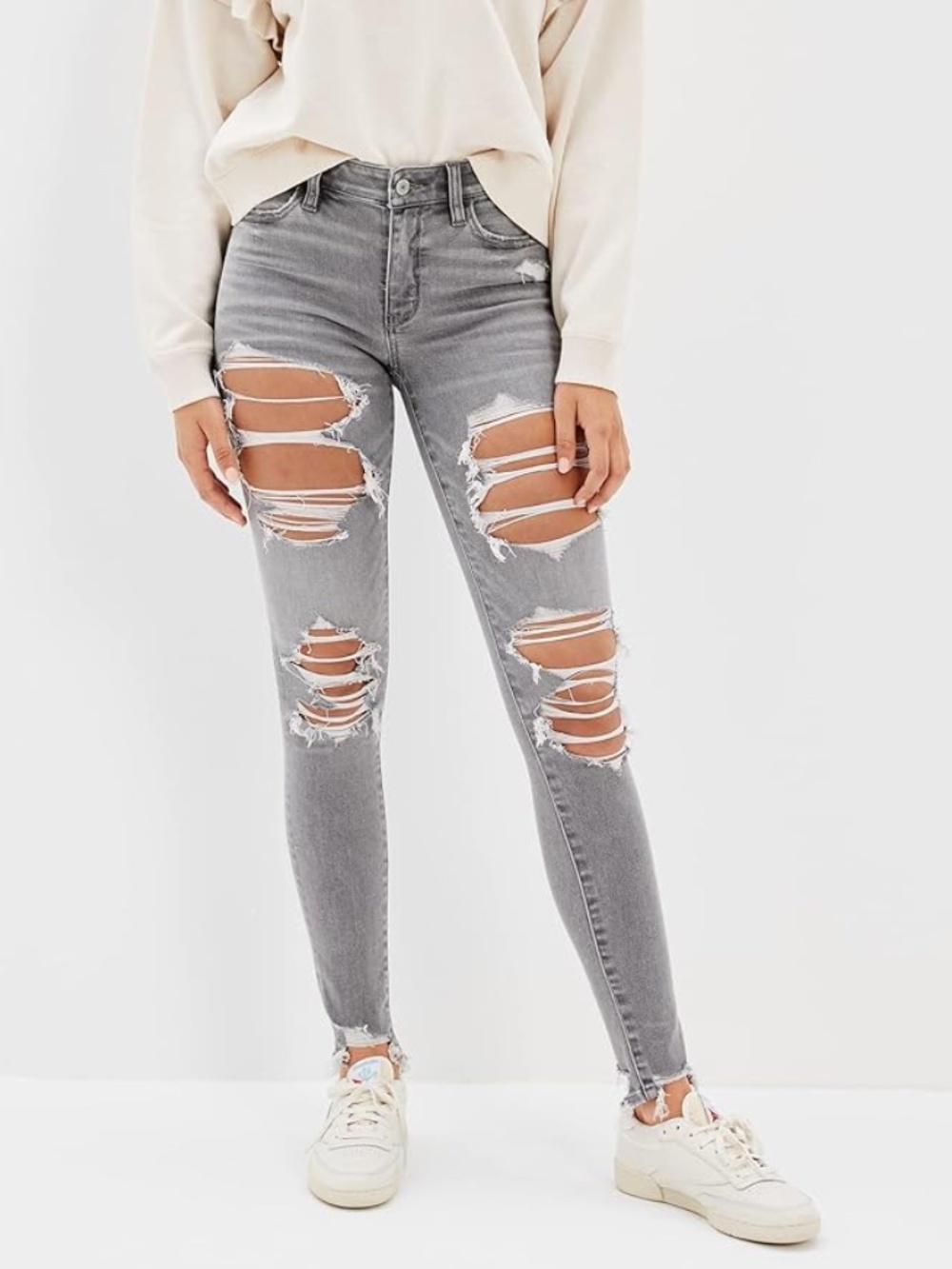 American Eagle Distressed Skinny Jeans Sz 2 Gray Stretch Raw Hem